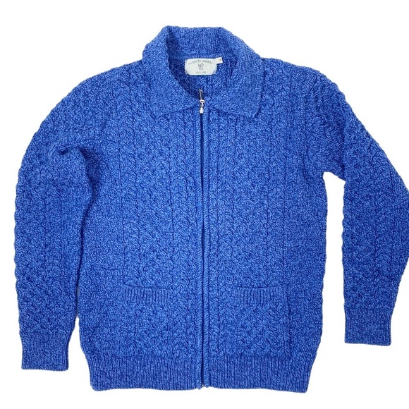 Irish Aran Co 100% Wool Cardigan Zip Front Blue - Picture 1 of 10